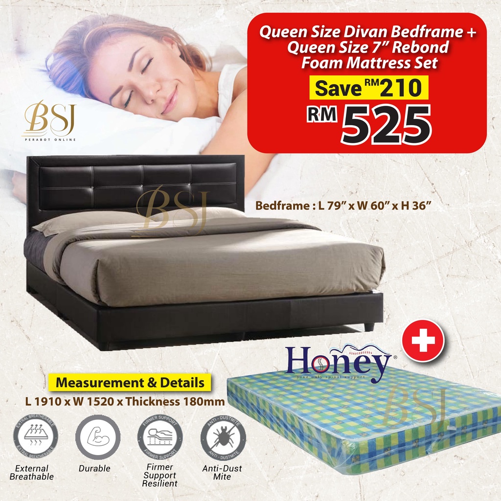 BSJ【𝐐𝐮𝐞𝐞𝐧 𝐒𝐢𝐳𝐞 𝐁𝐞𝐝𝐟𝐫𝐚𝐦𝐞+𝐇𝐎𝐍𝐄𝐘 𝟕" 𝐌𝐚𝐭𝐭𝐫𝐞𝐬𝐬 𝐒𝐄𝐓】Queen Size Bedframe