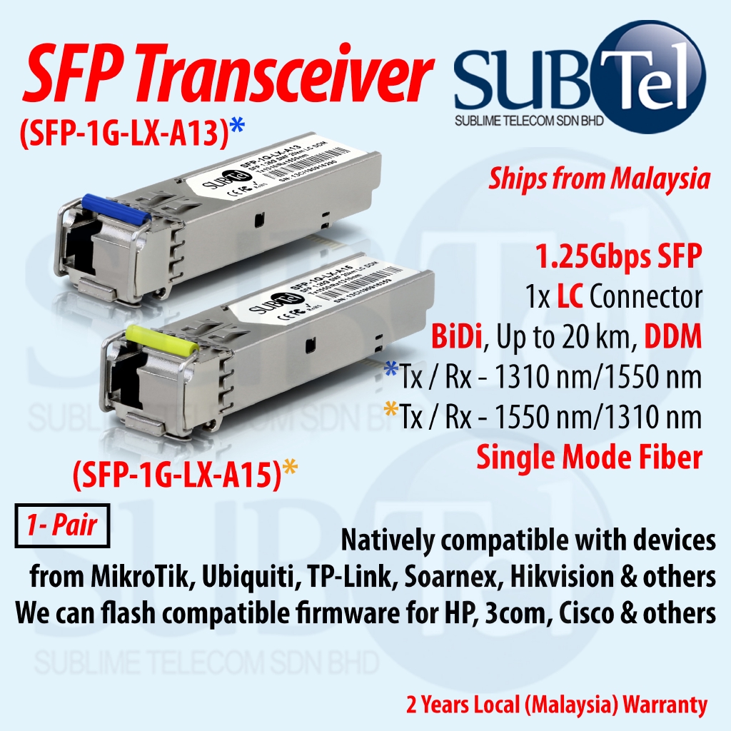 SUBTel SFP1GLXA13 A15 1G 20km BiDi SFP Transceiver module Fiber