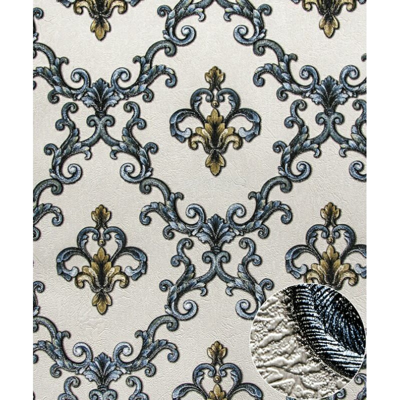 Selling Thick Vinyl Wallpaper Texture Embossed Blue Batik Modern Gold