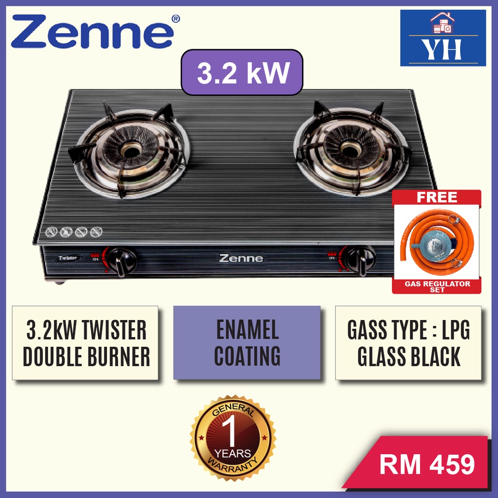 Zenne 3.2kW Twister Double Burner Glass Black Table Top Gas Stove Gas Cooker GST211 GST211G