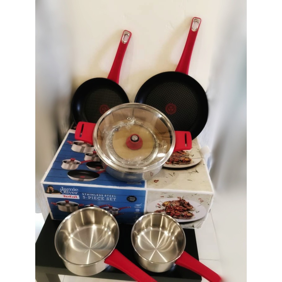 Tefal Jamie Oliver Stainless Steel 5Piece Cookware Set with Red