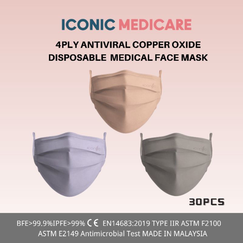 ICONIC MEDICARE ANTIVIRAL COPPER PINK LILAC GREY MIX 4 PLY MEDICAL FACE