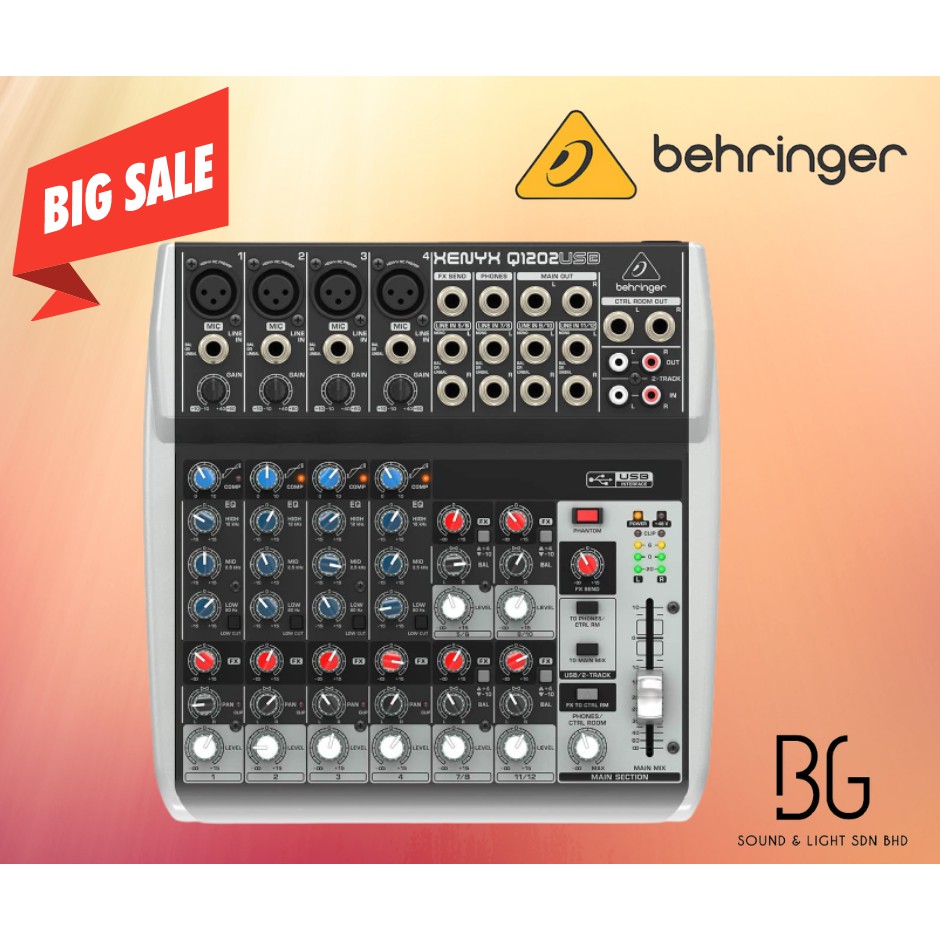 behringer Q1202USB Premium 12Input 2Bus Mixer with XENYX Mic Preamps & Compressors, British