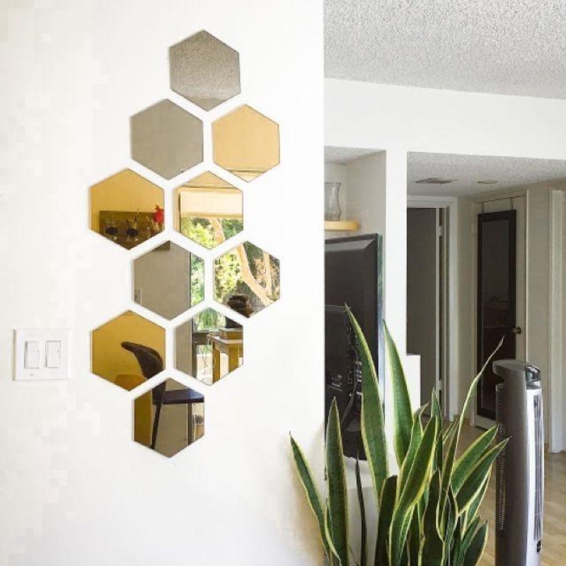 HONEFOSS (10 Pcs) LUXURY Geometric Mirror Hexagon Mirror Cermin Dinding