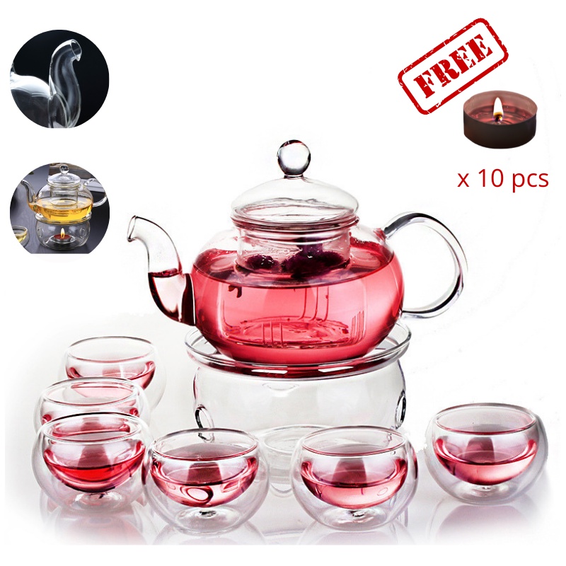 [High Quality] Flower tea pot set Glass Teapot heat preservation + Free 6 Tea Cups + base