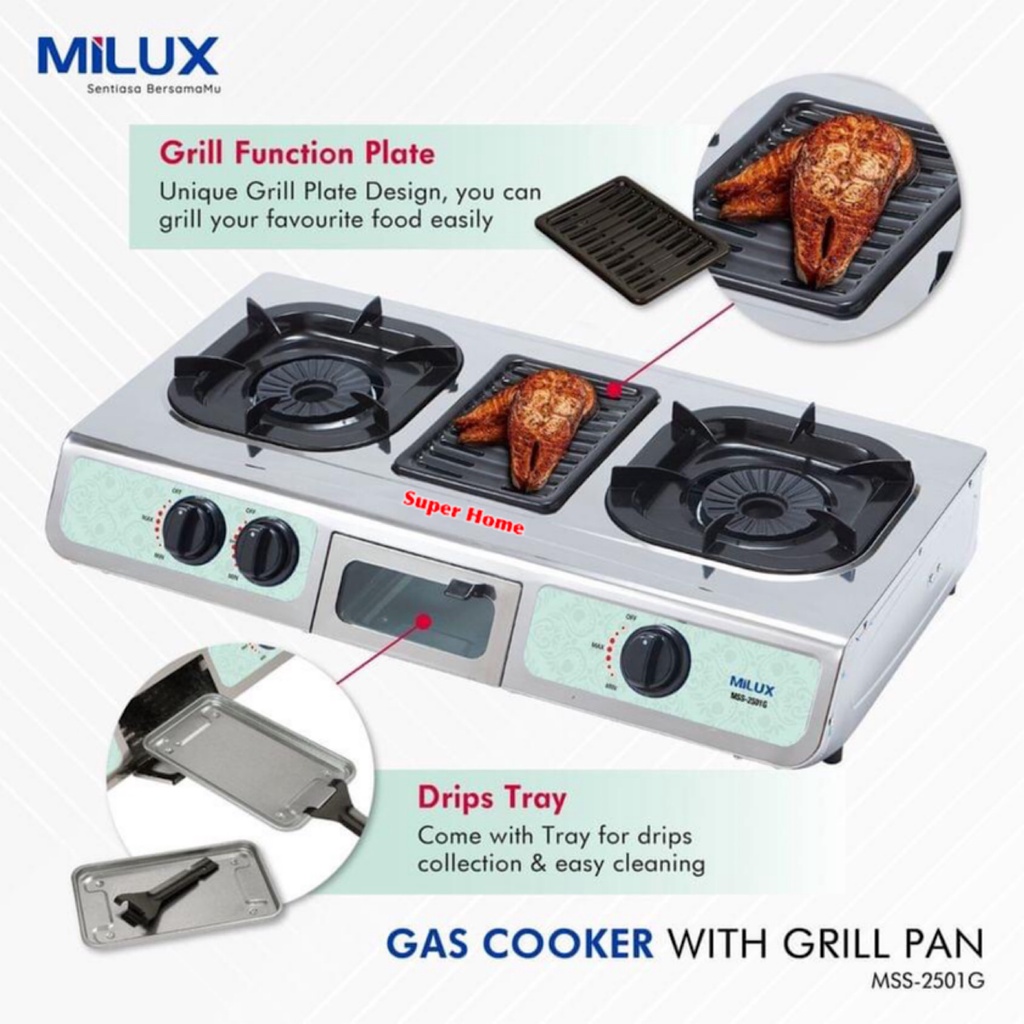Milux Gas Cooker MSS2501G Stainless Steel Gas Stove With Grill Plate