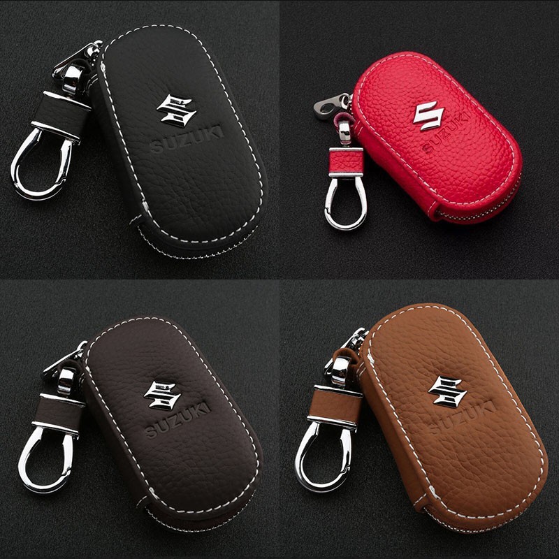 Suzuki Leather Car Key Bag Case Logo Keychain Ring Zipper Auto