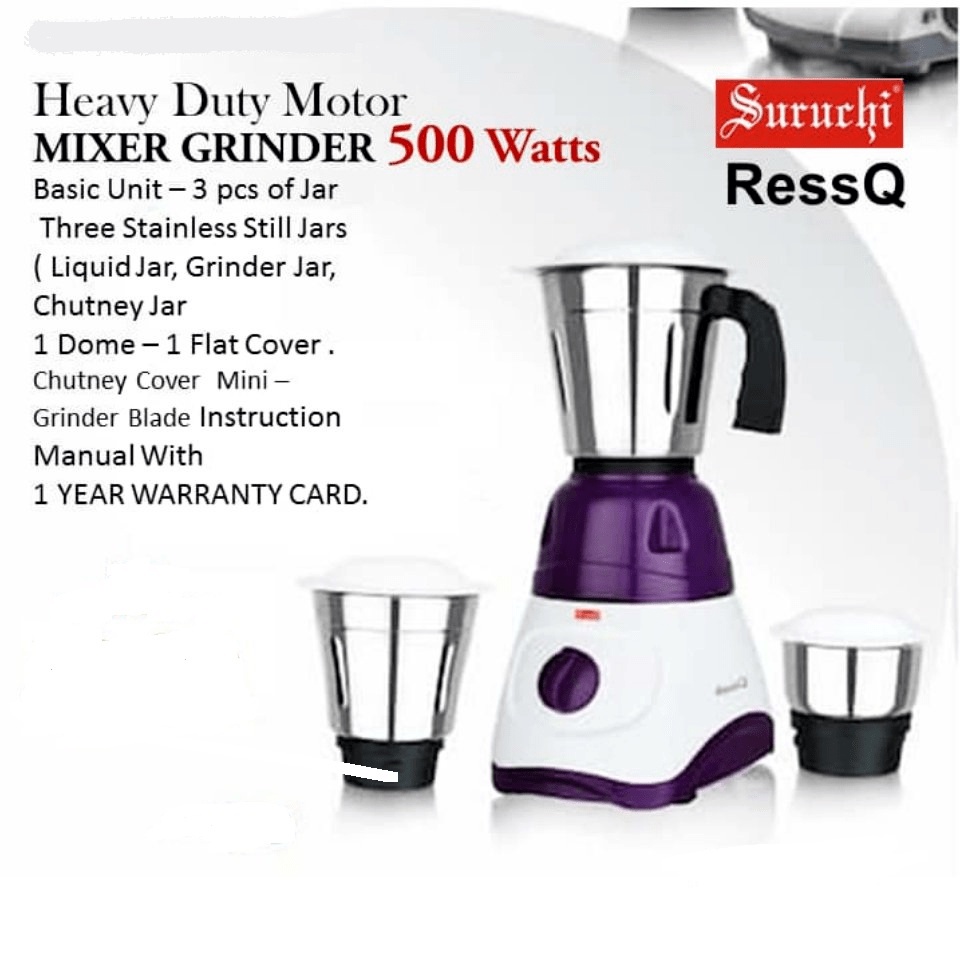Suruchi Ressq Mixer Grinder 500W 3 Jars(Upgraded to Malaysia Power Plug