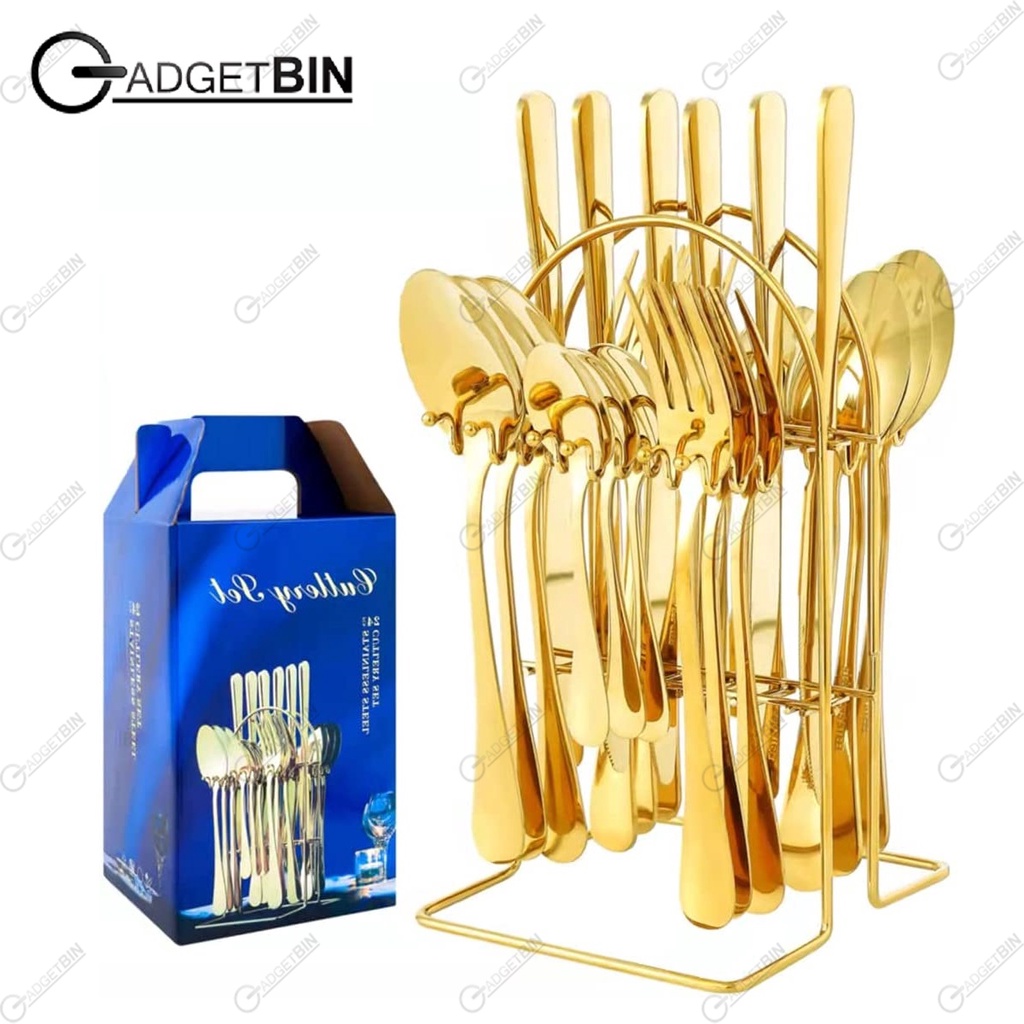 Premium 24pcs Stainless Steel Cutlery Set with Stand Spoon Fork Coffee