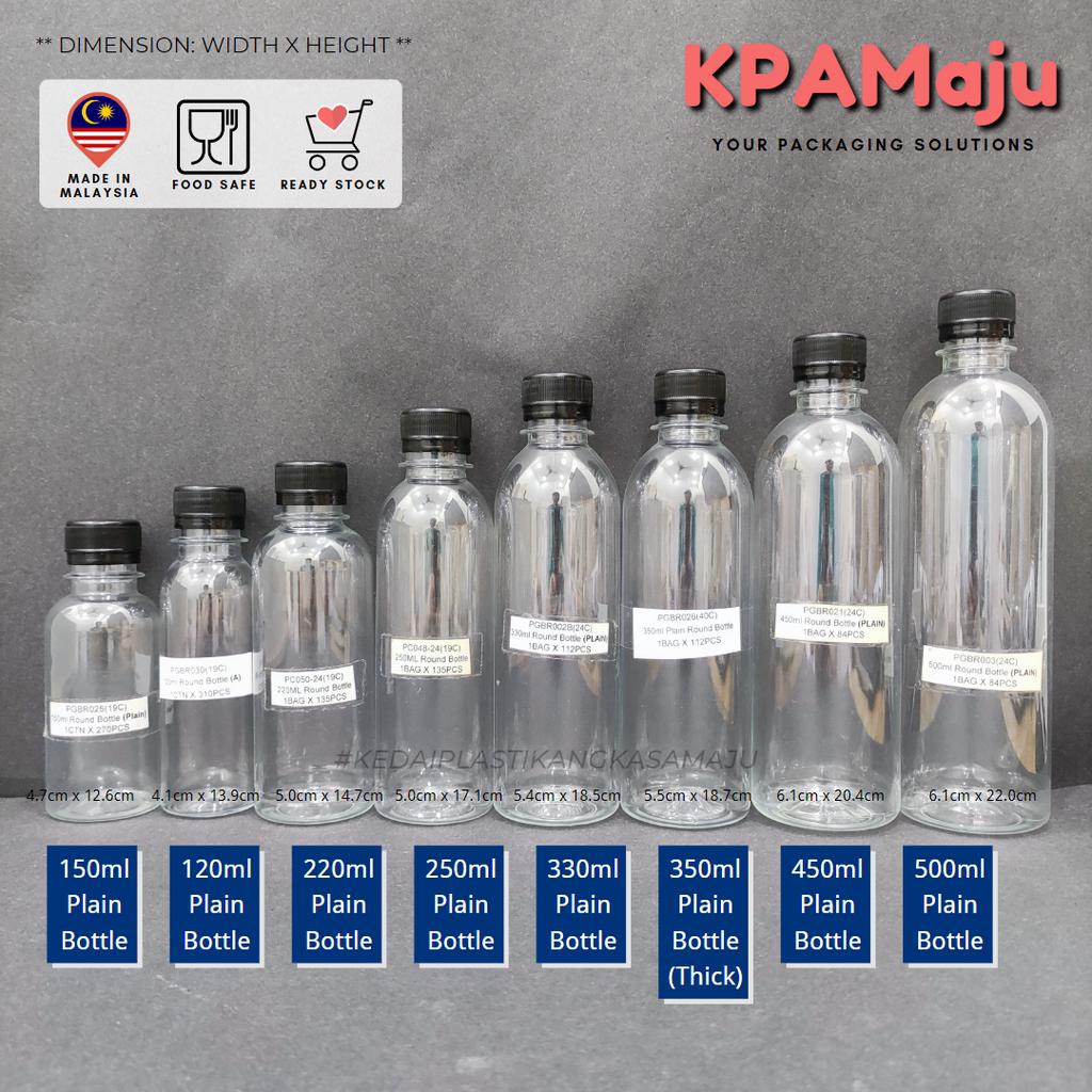 Botol Plastik + Black Cap (120ml, 150ml, 220ml, 250ml, 330ml, 350ml
