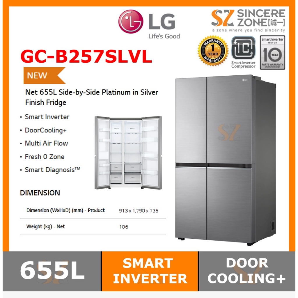 LG GCB257SLVL 655L SidebySide Platinum In Silver Finish Fridge