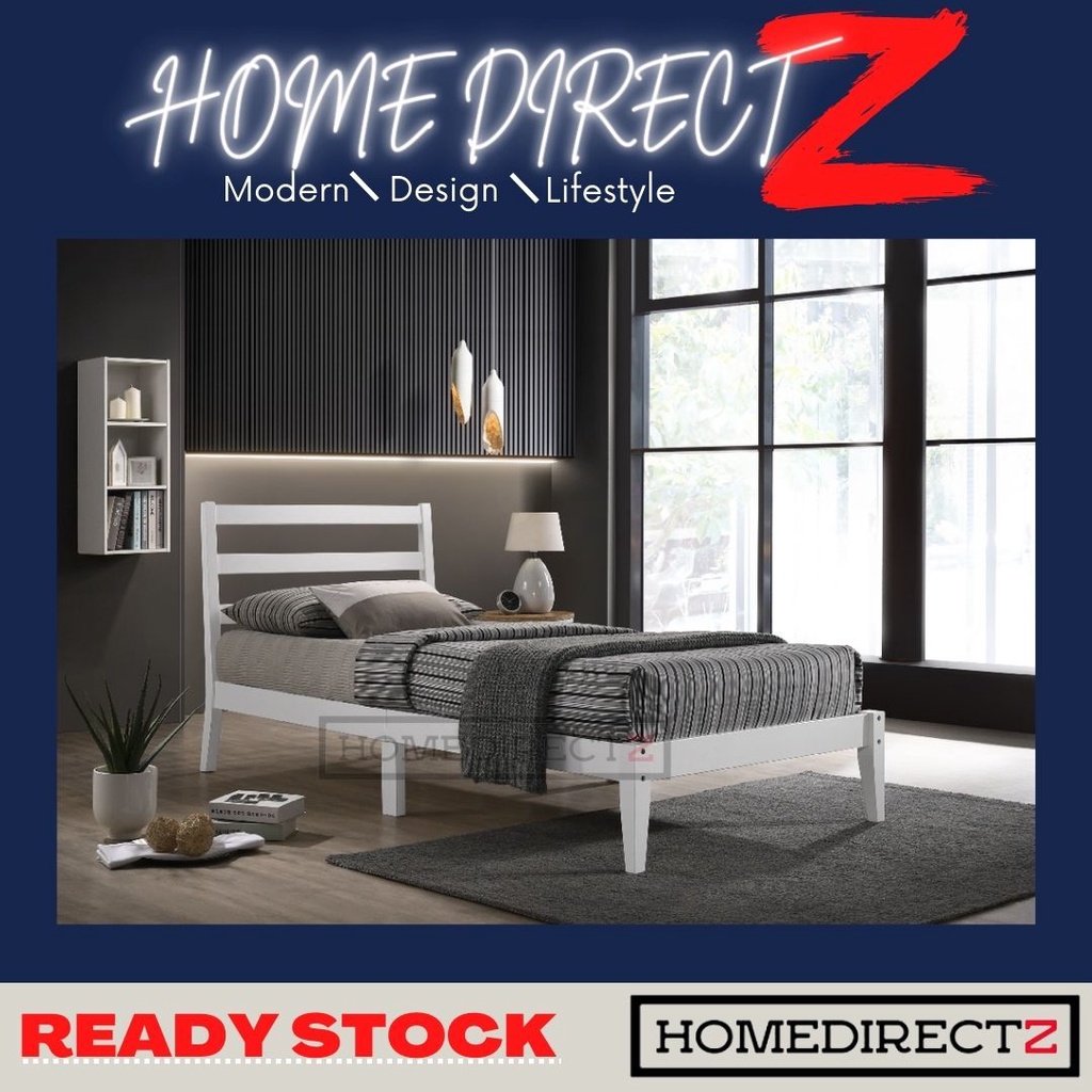 HDZ Wooden Single Bed Frame Katil Single Solid Kayu White & Oak Single