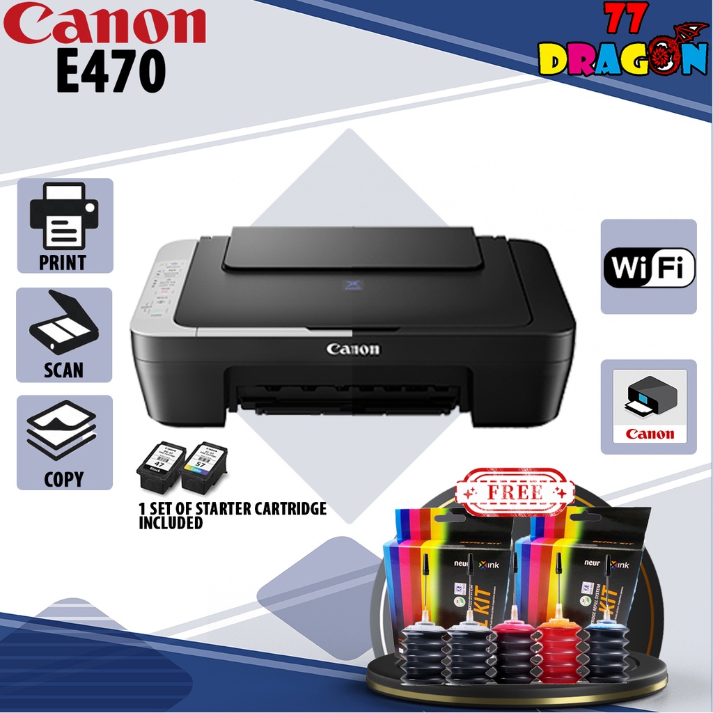 Canon Pixma E470 Color Inkjet Multifunction (Print, Scan, Copy) Wireless Printer FOC Refill Kit