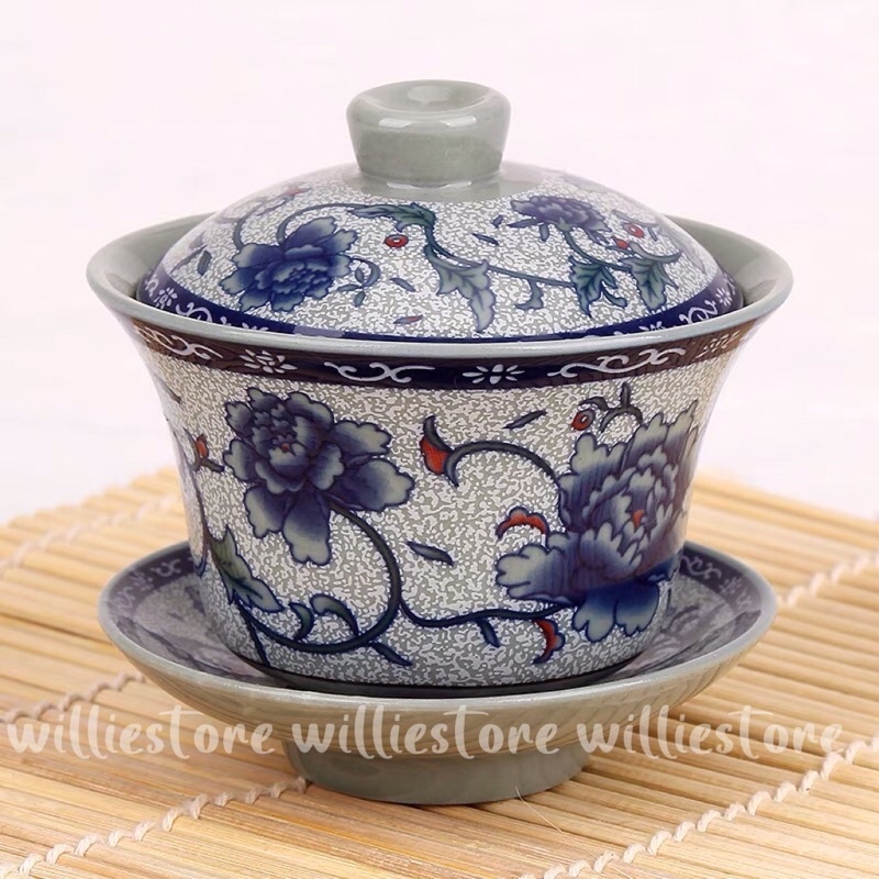 Vintage Green Peony Porcelain Majestic Chinese Style Tea Cup with Lid