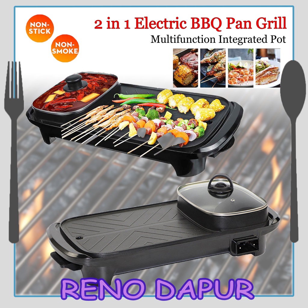 Korean 2 IN 1 Multifunctional BBQ Electronic Nonstick Pan Grill&Hot Pot Steamboat Berbeku Grill