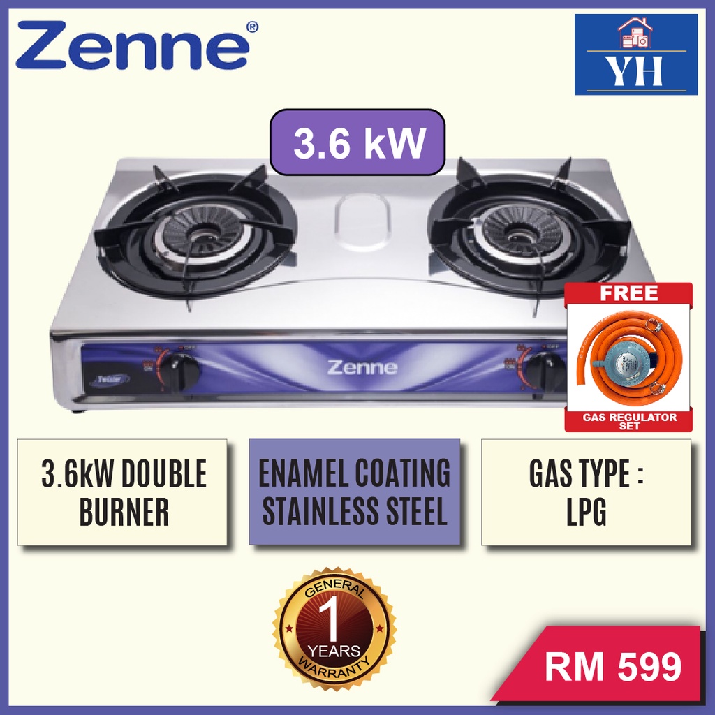 Zenne 3.6kW Twister Double Burner Stainless Steel Table Top Gas Stove Gas Cooker KGS201C (FREE