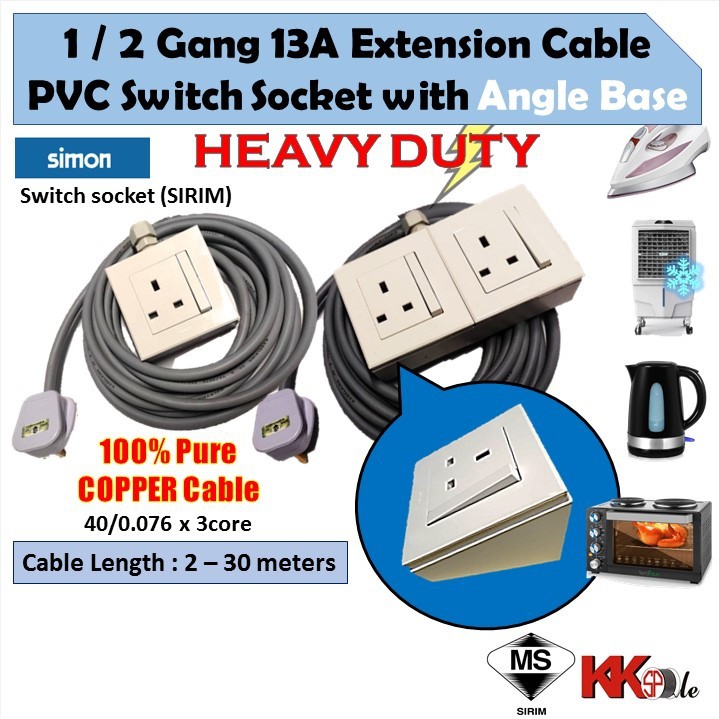 (2800W) Heavy Duty Extension Cable wire with Angle Base 1 Gang 2 Gang