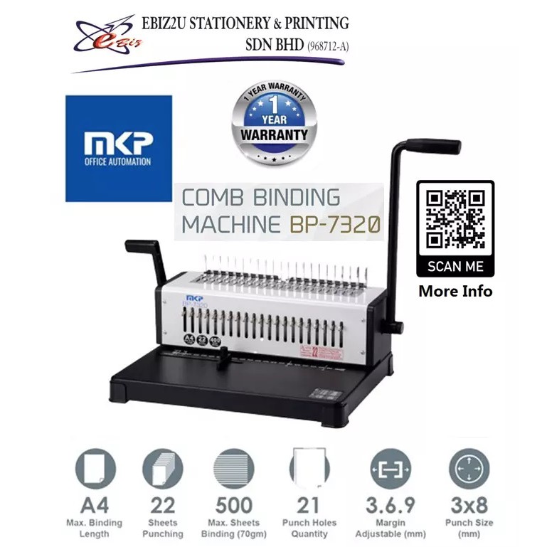 MKP BP7320 Heavy Duty Comb Binding A4/ 400shts/ Punches 20shts