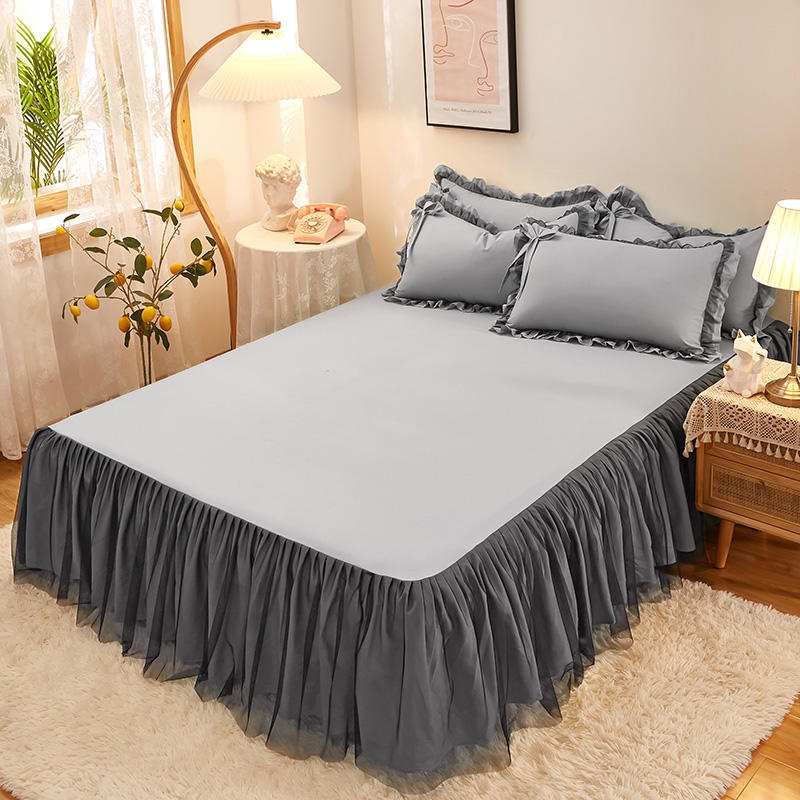 1 PC Pure Color Lace Brushed Bed Skirt Simple Style Orange Color Bed