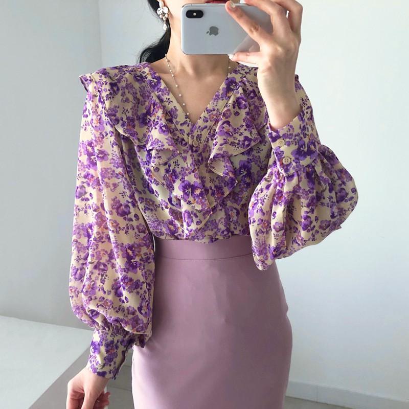 Tyra Purple Floral Puff Long Sleeve Top + Pink Mermaid Maxi Skirt