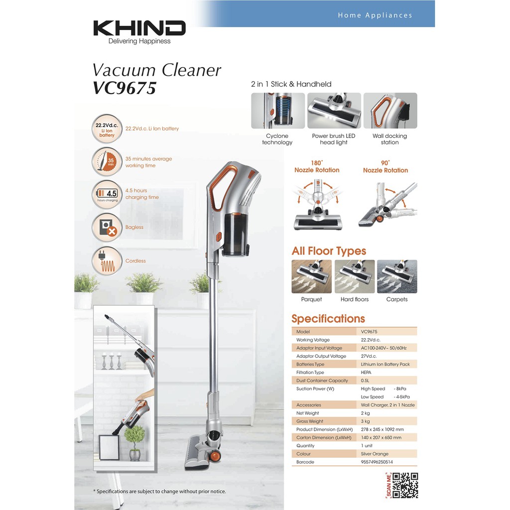 KHIND 2 in 1 Stick & Handheld Vacuum Cleaner VC9675 Shopee Malaysia