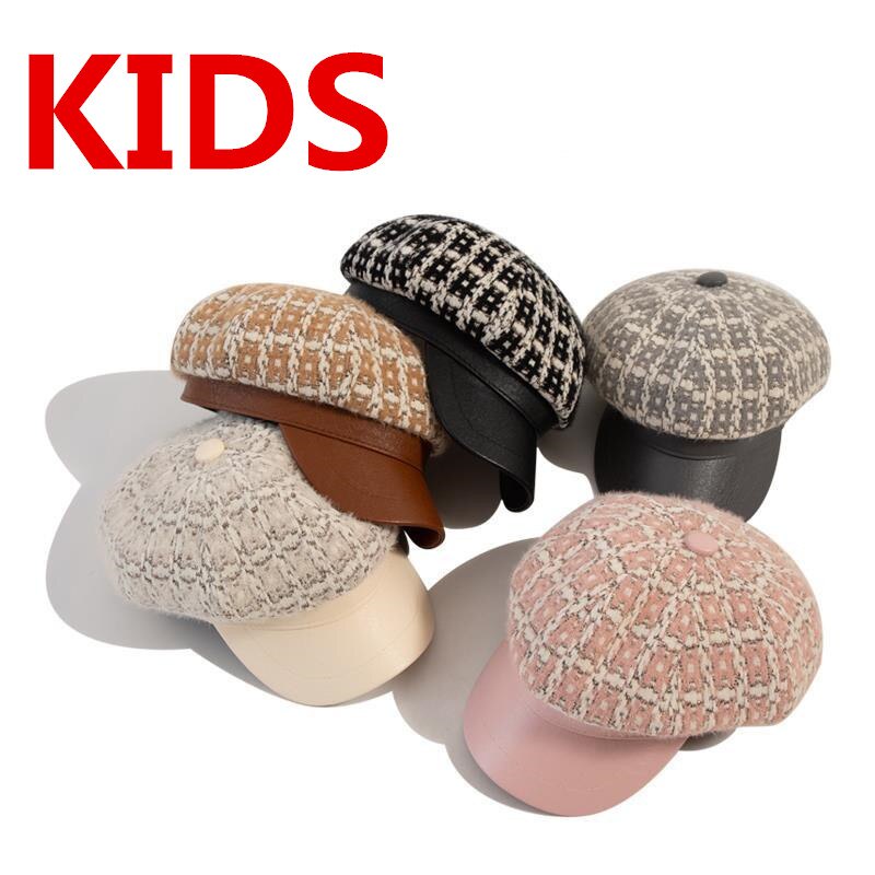202208ji22 dropshipping plaid tweed classic boy girl pu brim kids