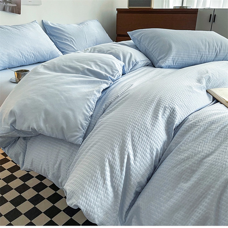 4 IN 1 Plain Bedding Set Simple Style Waffle Duvet Cover Flat Sheet