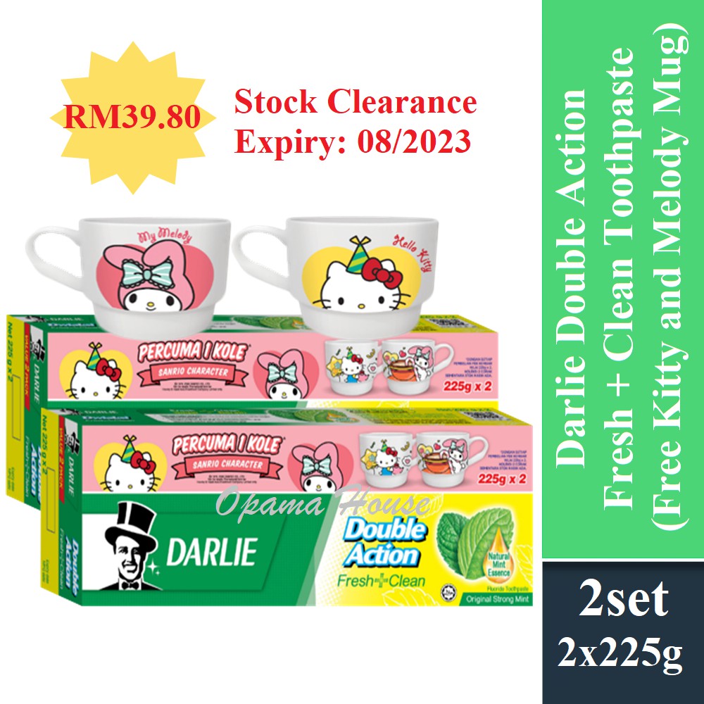 Darlie Double Action Fresh + Clean 225g x 4 Toothpaste [Free Sanrio Mug Hello Kitty and Melody