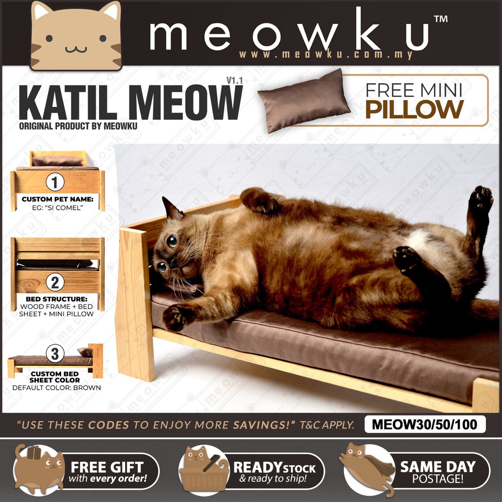 CUSTOM NAME/COLOR 🐱 Cat Pet Sleeping Bed Wood FREE Tilam & Bantal
