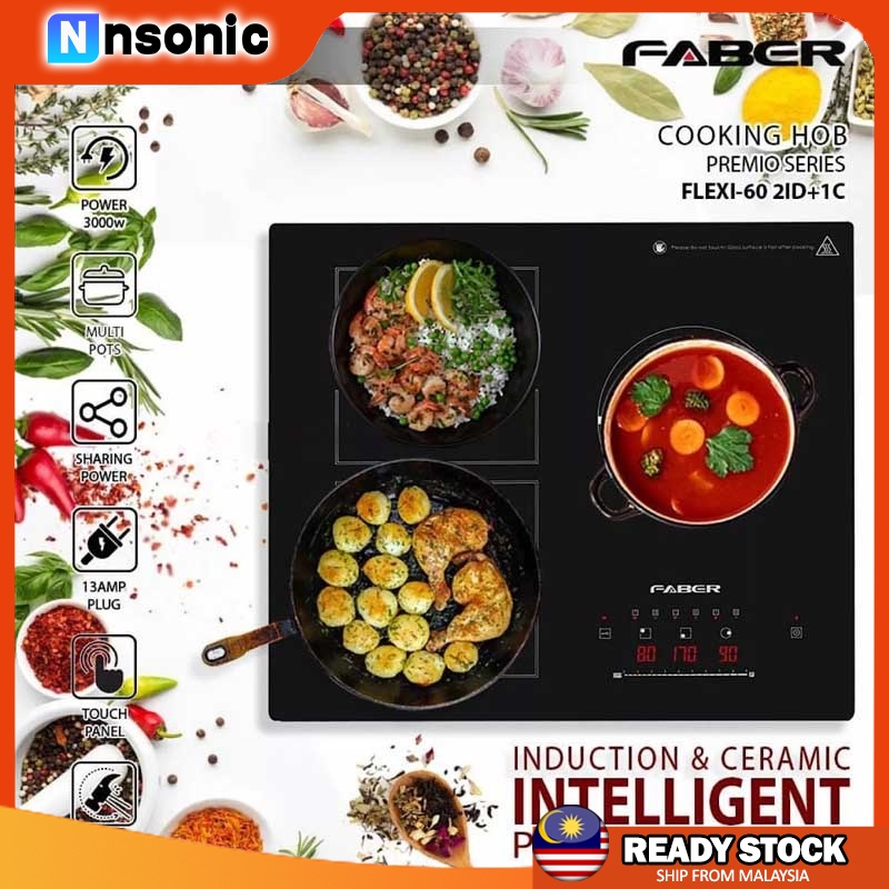 Faber Built In Hob Ceramic + Induction Cooker PREMIO FLEXI60 2ID+1C (2 Induction Hobs + 1