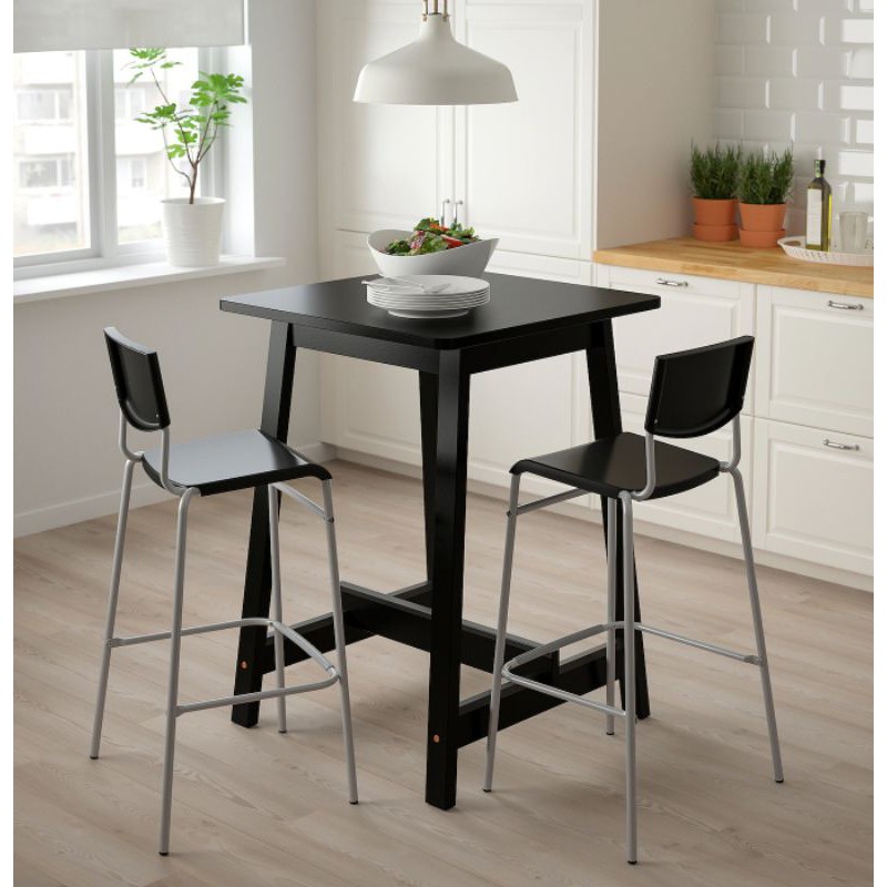 IKEA STIG Bar stool with backrest, black, silvercolour 63cm & 74 cm
