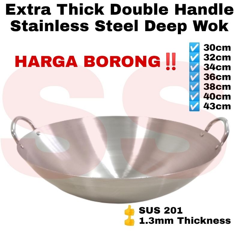 High Quality Extra Thick Double Handle Stainless Steel Wok / Deep Wok