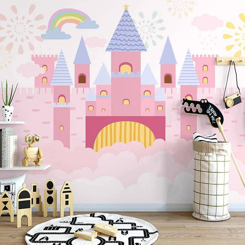 Hand Painted Pink Castle Wallpaper Children's Room Decor Mural Girl