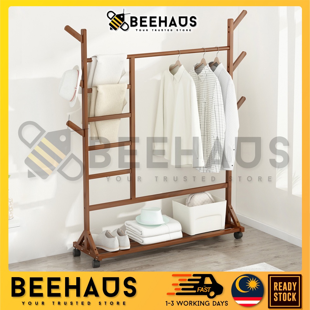BEEHAUS Wood Wardrobe Roller Rack Wooden Clothes Rack with Wheels