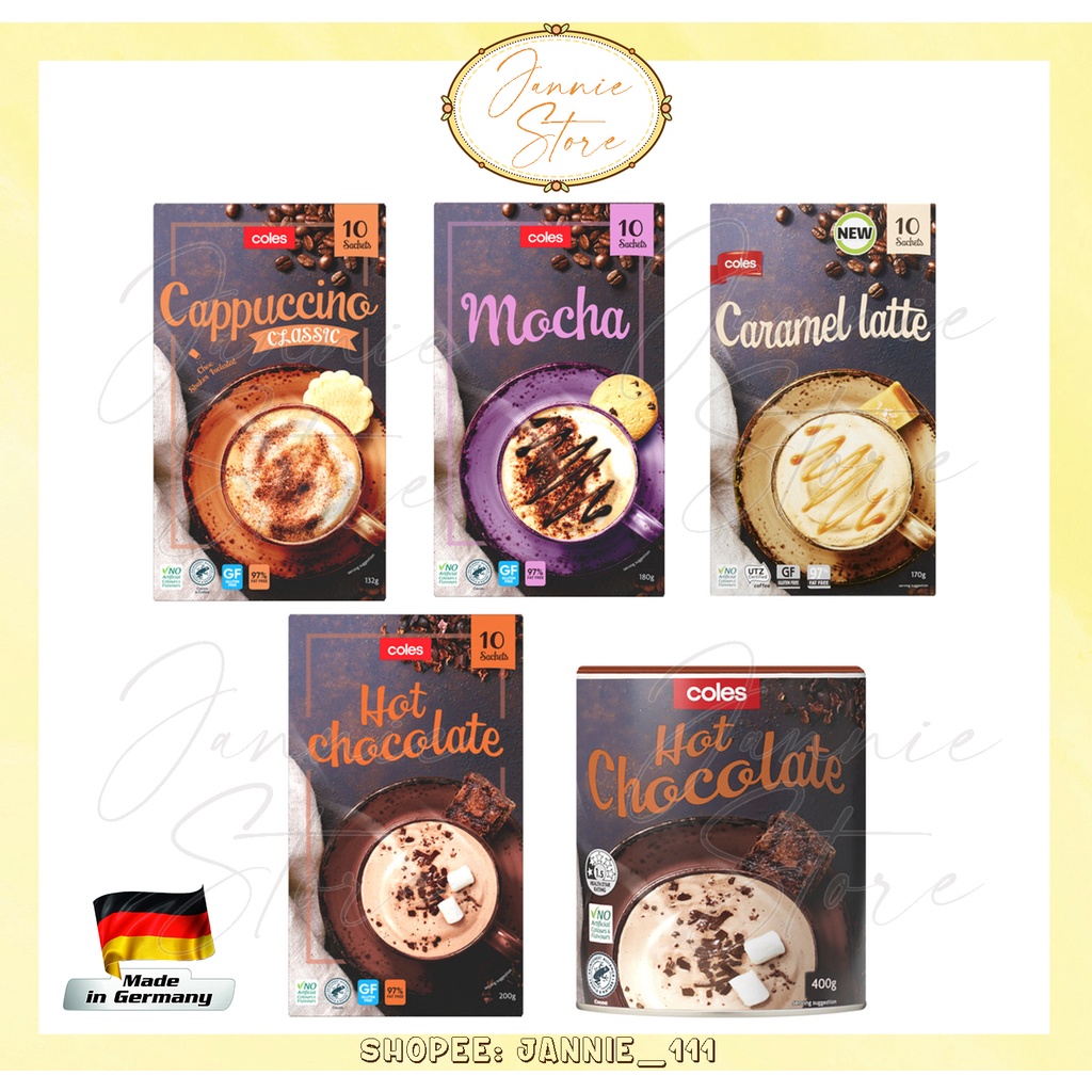 COLES Hot Chocolate/Caramel Latte/Cappucino Classic/ Mocha (10 Sachets/200G)/ (Can/400G