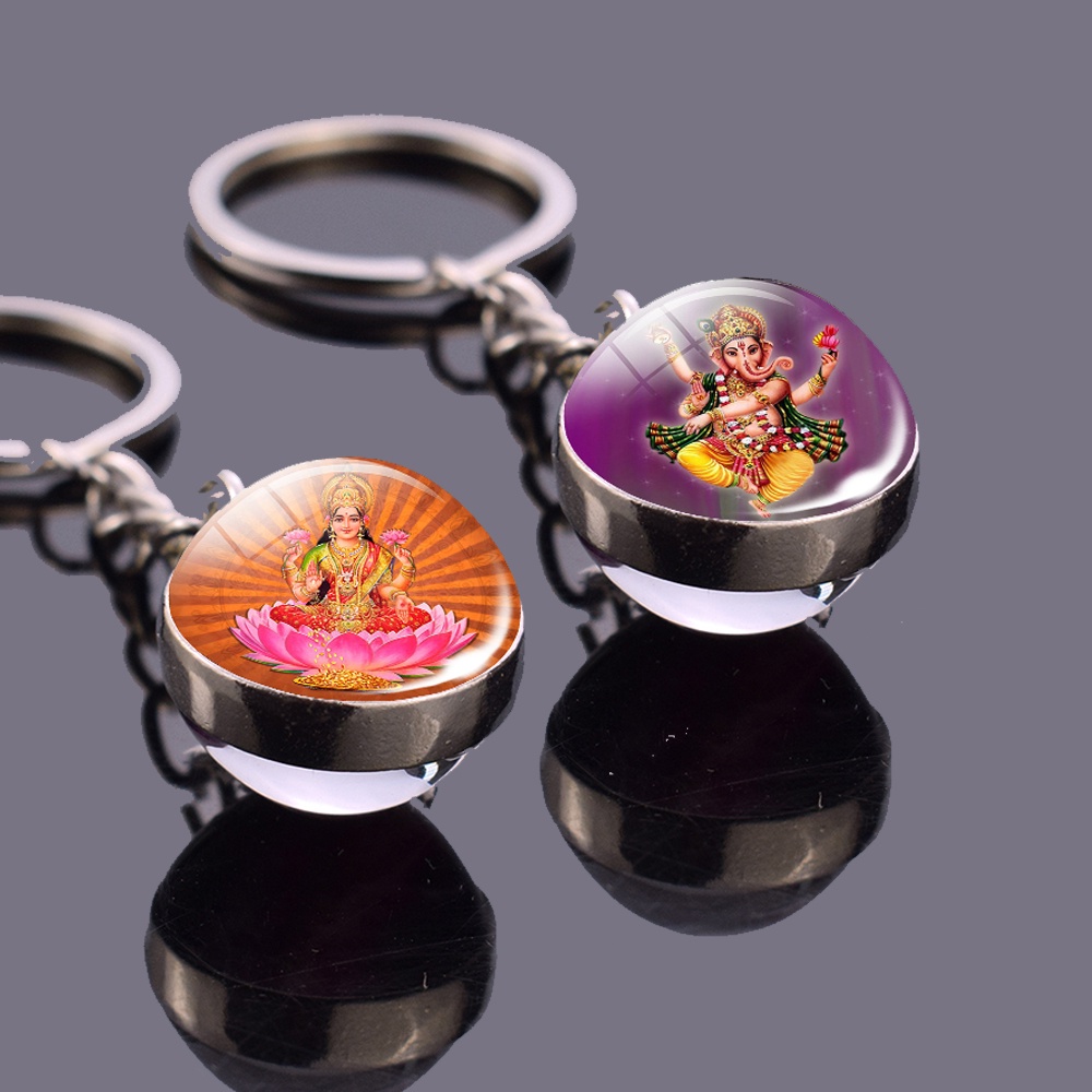 Hinduism God Keychains Glass Ball Pendant Ganesha Lakshmi Gold Key