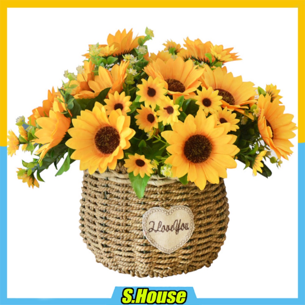 Sun Flower Basket Vase Rattan Fake Bouquet Light Floral Gubah Pokok