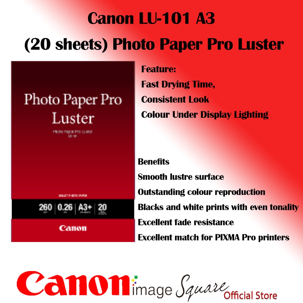 Canon A3 Photo Paper 20 shts LU101 PT101 PM101 Plus Glossy II / Pro