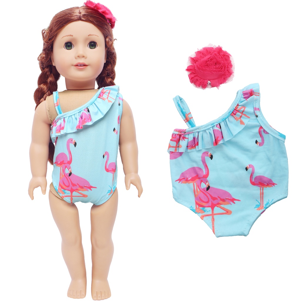 18 Inch Doll Swimwear Cute One Shoulder Outfit Blue Swimsuit Hairpin