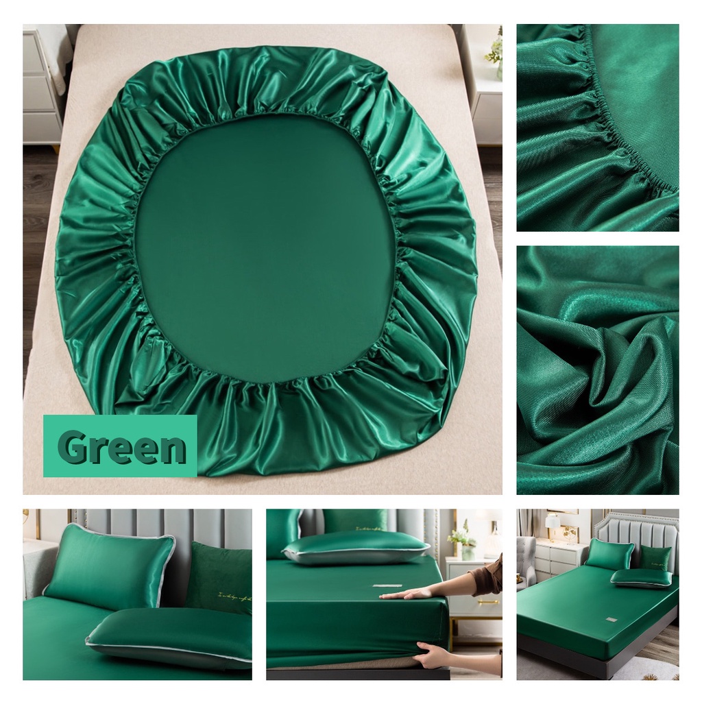 【Satin Sheets】Ice Touch Satin Soft Silk Plain Fitted Bedsheet with