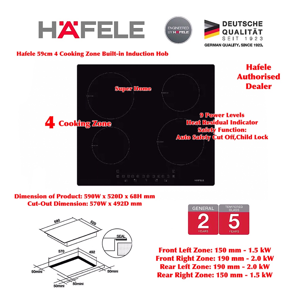 Hafele Build in Induction Hob 59cm 4Zone Induction Hob Art No 538.06.141 Heat Residual