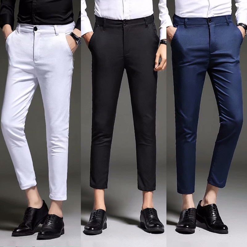 Men's Suit Pants Trendy Slim Fit Versatile Ankle Cropped Pant Plain