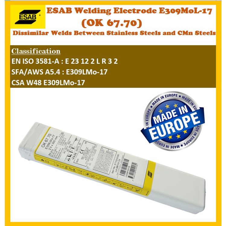 ESAB Welding Electrode E309MoL17 (OK 67.70) Dissimilar Welds Between Stainless Steels and CMn