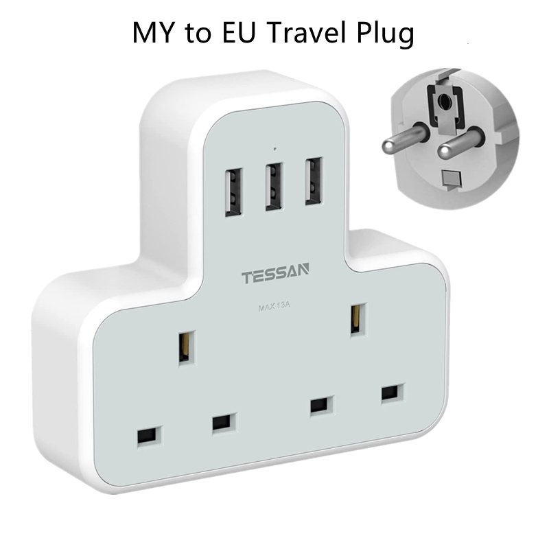 MY to European Plug Adapter with 3 USB Ports,TESSAN 2 Way Grounded