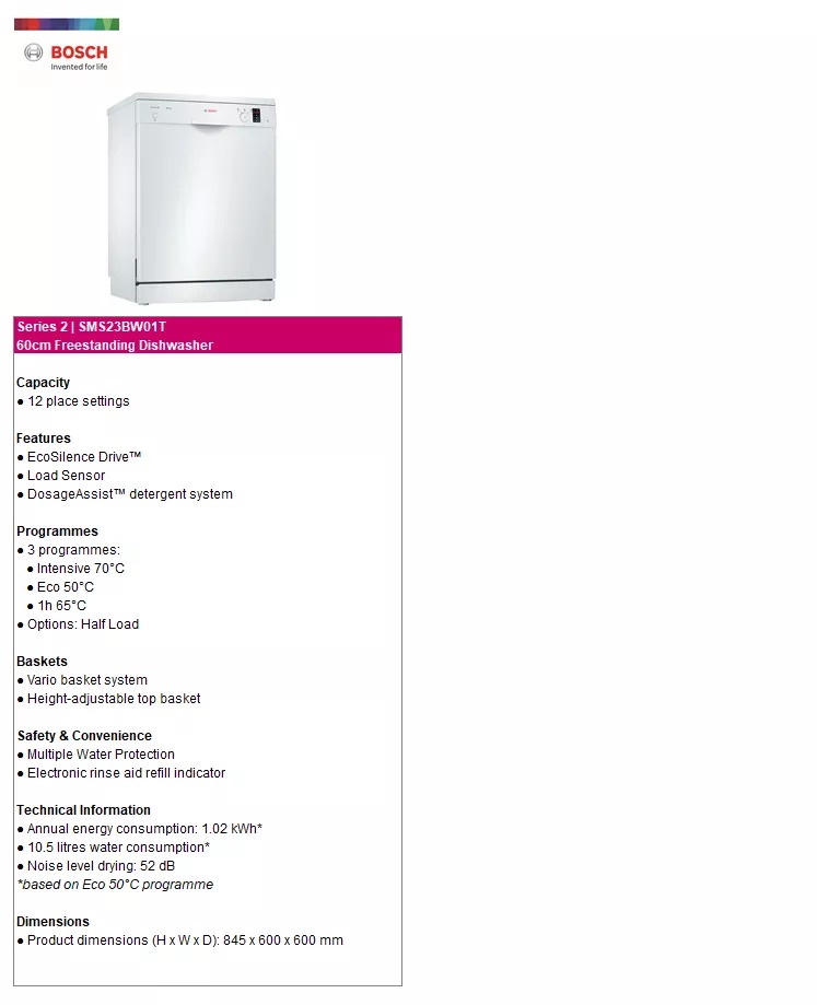 Bosch Series 2 Dishwasher SMS23BW01T (Made in Europe) Shopee Malaysia