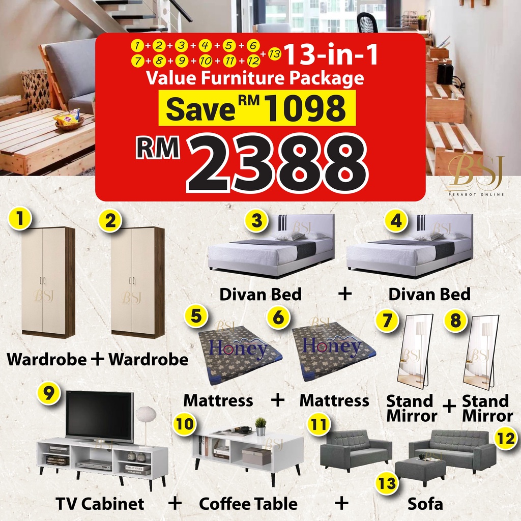 BSJ【 𝟭𝟯𝐢𝐧𝟏 𝐂𝐎𝐌𝐁𝐎 𝐒𝐄𝐓】Packej Furnitures Divan Bed Wardrobe Mattress