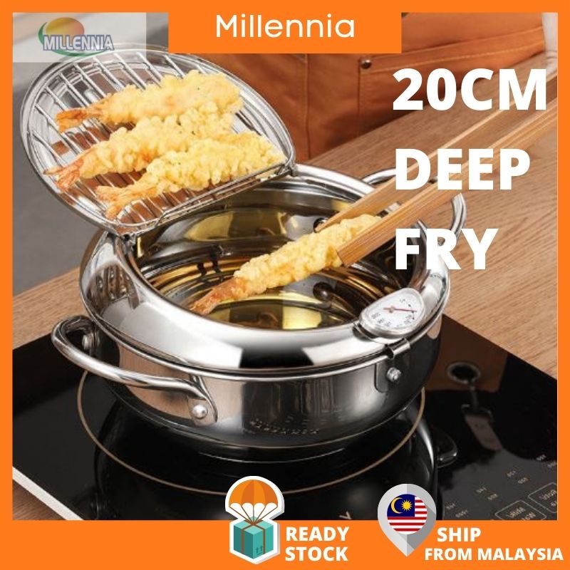 🔥Ready stock🔥 Japan Style Deep Frying Pot With Thermometer Temperature