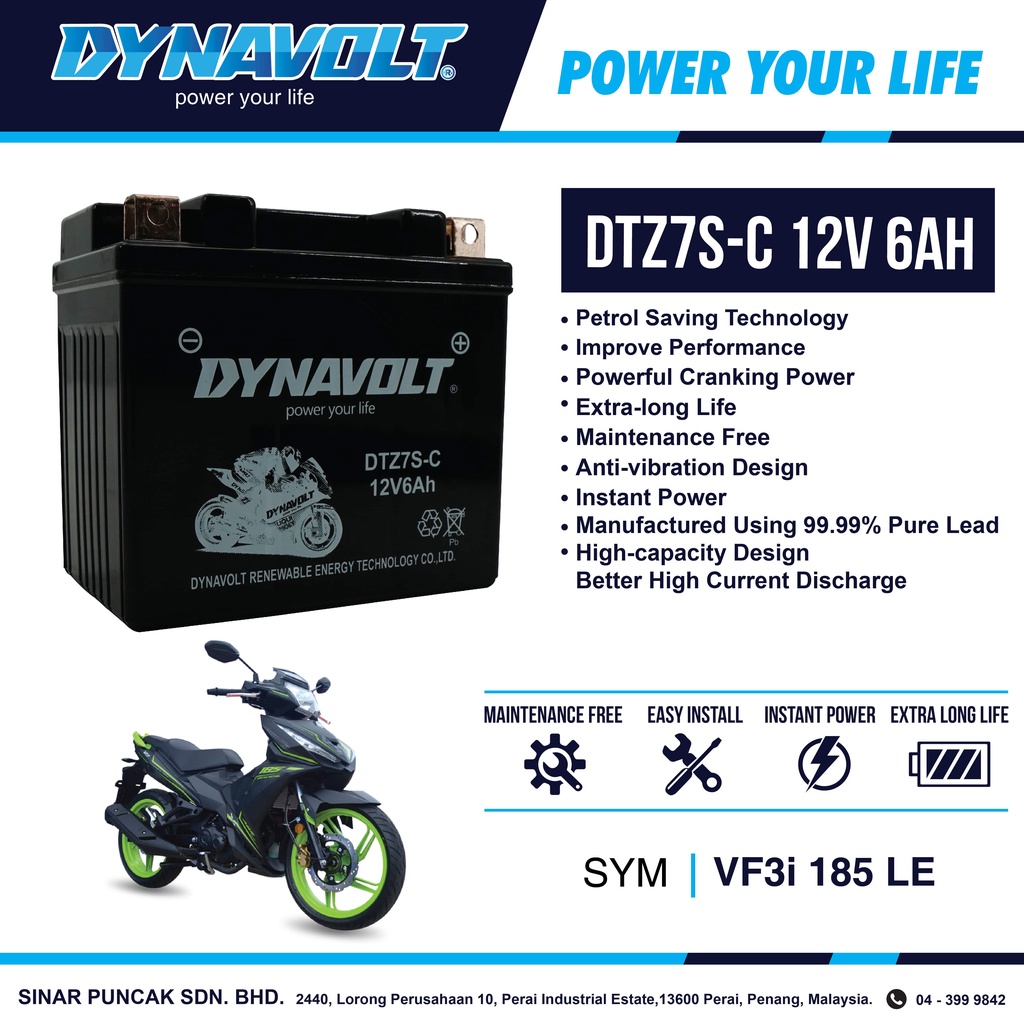 SYM VF3i / VF3i V2/ VF3i PRO/ VF3i LE Dynavolt Battery DTZ7SC 12V 6Ah