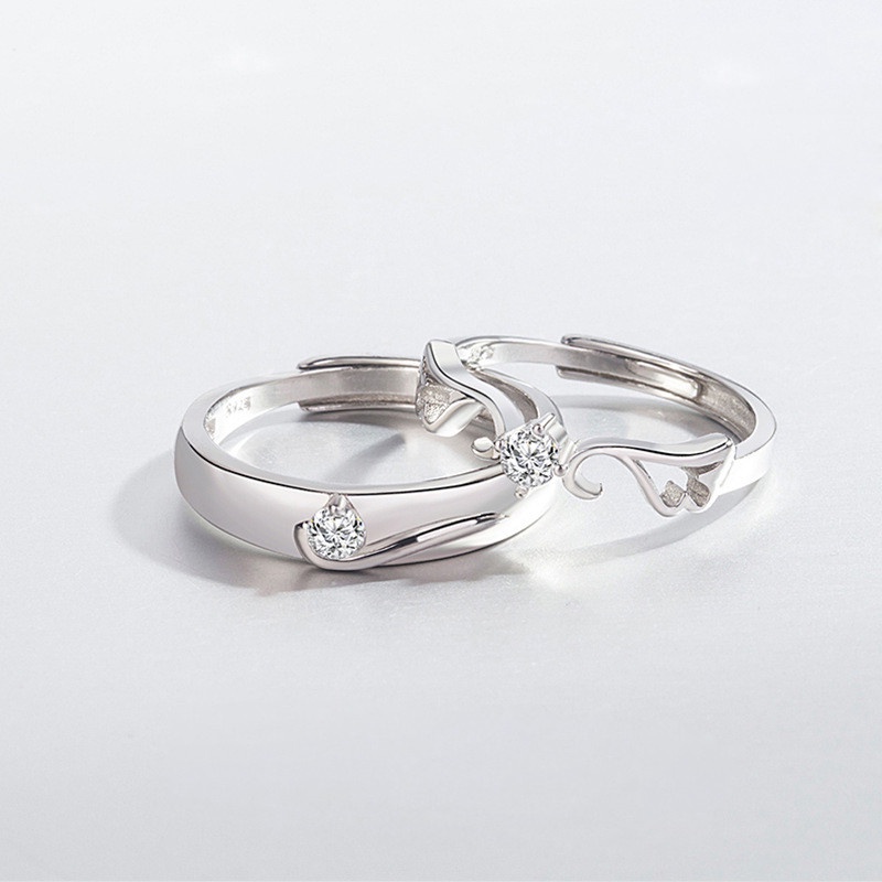 A Pair 925 Sterling Silver Angel Wings Couple Rings CZ Wedding Ring For
