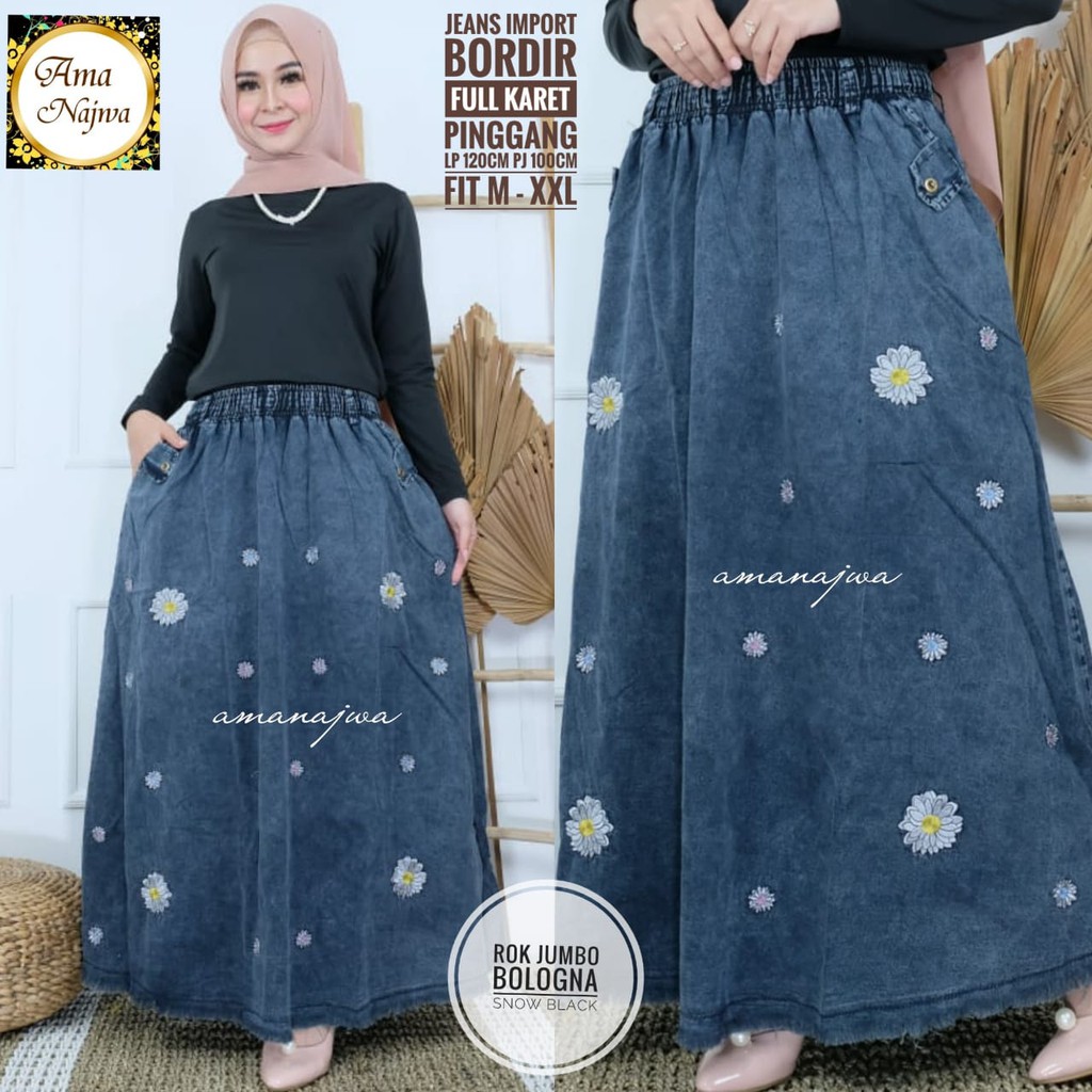 Realpict Jeans Skirt Import Embroidery Skirt JUMBO BOLOGNA SNOW BLACK